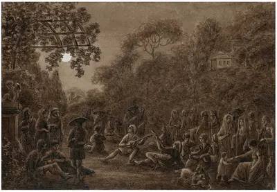 Gezelschap in park bij nacht met muzikanten by Отто Ховен — digital art print download
