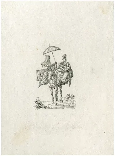 Twee vrouwen en een kind op een paard by Отто Ховен — digital art print download