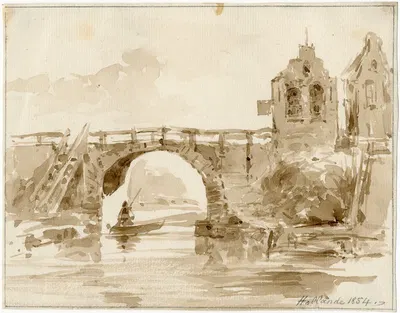Brug in dijk en enkele huisjes by Питер ван Лун, 1854 — digital art print download