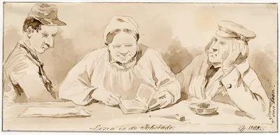 Drie lezende figuren in het armenhuis by Питер ван Лун, 1858 — digital art print download