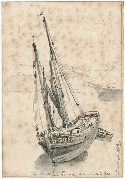Een zeilboot op het strand bij Boulogne by Питер ван Лун, 1856 — digital art print download