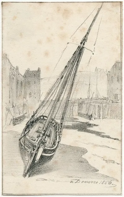 Een zeilboot op het strand bij Dover by Питер ван Лун, 1856 — digital art print download