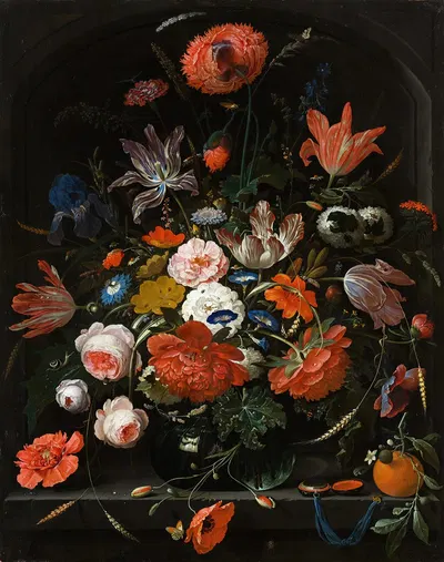 Flowers in a Glass Vase by Abraham Mignon, c. 1670 — digital art print download