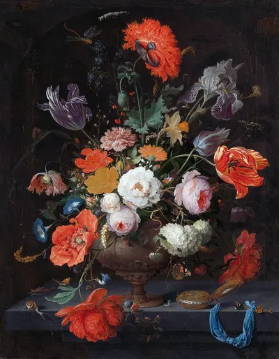 Still Life with Flowers and a Watch by Abraham Mignon — digital art print download