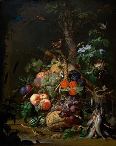 Stillleben mit Früchten,Fischen und Vogelnest by Abraham Mignon — digital art print download