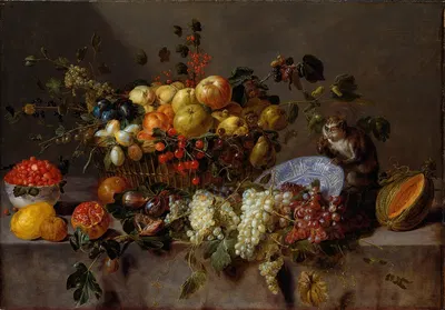 Still Life with Fruit and a Monkey eating Grapes by Адриан ван Утрехт, 1635 — digital art print download