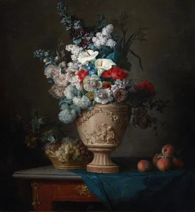 Bouquet of Flowers in a Terracotta Vase with Peaches and Grapes by Anne Vallayer-Coster, 1776 — digital art print download