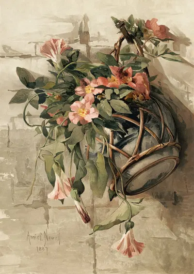 Pink Flowers in Hanging Vase by Annie Nowell — digital art print download