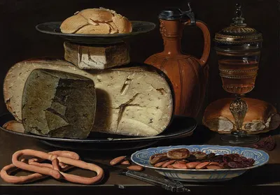 Still Life with Cheeses, Almonds and Pretzels by Клара Питерс, c. 1615 — digital art print download
