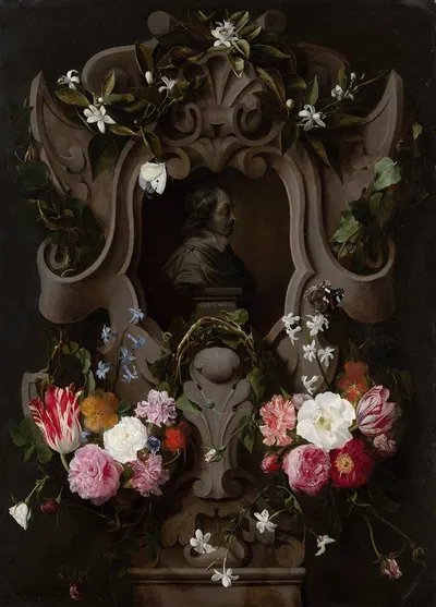 Bust of Constantijn Huygens Surrounded by a Garland of Flowers by Daniel Seghers, 1644 — digital art print download