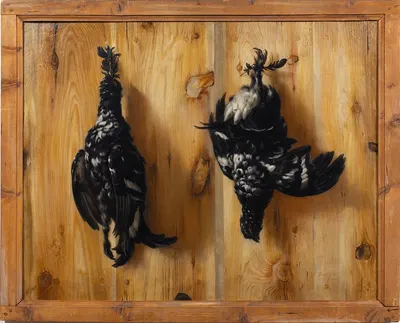 Stilleben med två orrtuppar mot en brädvägg by Давид Клёкер Эренштраль, 1672 — digital art print download