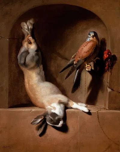 Still Life with Dead Hare and Falcon in a Niche by Dirck de Bray, 1678 — digital art print download