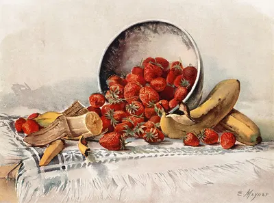 Strawberries and Bananas in a Basket by E. Meyner — digital art print download