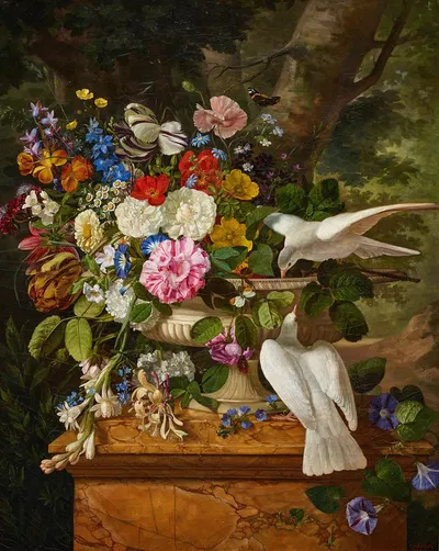 Flowers in a Vase with Two Doves by Франсуа Лепаж, 1816–1820 — digital art print download