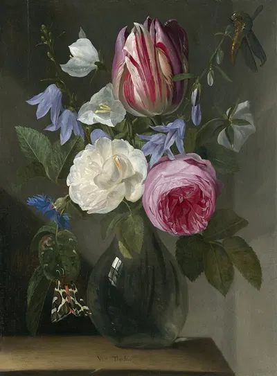 Roses and a Tulip in a Glass Vase by Jan Philips van Thielen — digital art print download