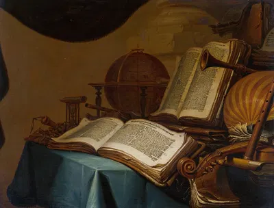 Still Life with Books, a Globe and Musical Instruments by Jan Vermeulen, c. 1660 — digital art print download