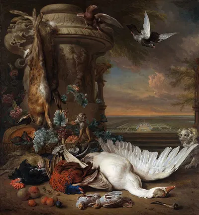 Hunting and Fruit Still Life next to a Garden Vase, with a Monkey, Dog and two Doves by Ян Вейникс, 1714 — digital art…