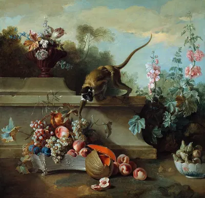 Still Life with Monkey, Fruits, and Flowers by Jean-Baptiste Oudry, 1724 — digital art print download