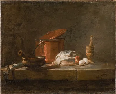 Still Life with Kitchen Utensils and Vegetables by Жан Симон Шарден, 1734 — digital art print download