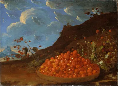 Basket of Wild Strawberries in a Landscape by Luis Meléndez — digital art print download