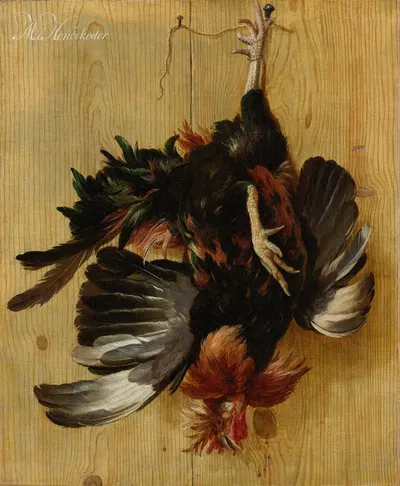 Dead Cock Hanging from a Nail by Мельхиор д'Ондекайтер, c. 1670 — digital art print download