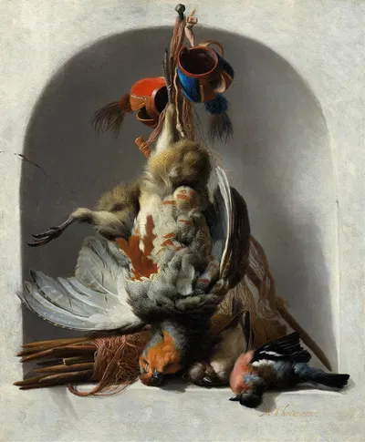 Still Life with Birds and Hunting Gear in a Niche by Мельхиор д'Ондекайтер — digital art print download