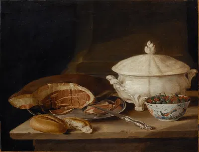 Still Life with Ham on a Pewter Dish, a Faience Set and a Bowl of Gooseberries and Red Currants by Пехр Хиллерстрём —…