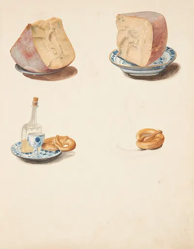 Opstilling med ost, snaps og brezel by Johanna Fosie, 1753 — digital art print download