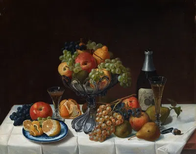 Fruit Still Life with Champagne Bottle by Severin Roesen, 1848 — digital art print download