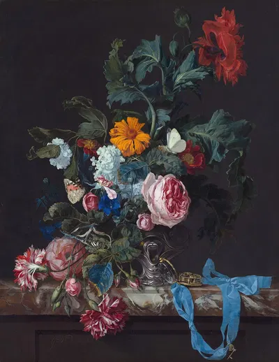 Flower Still Life with a Timepiece by Willem van Aelst, 1663 — digital art print download