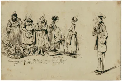 Vier marktvrouwen prijzen hun waar aan, heer kijkt toe by Питер ван Лун, 1850 — digital art print download