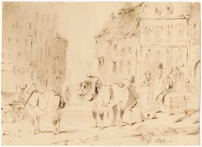 Vrachtpaarden op een Duits marktplein by Питер ван Лун, 1840 — digital art print download