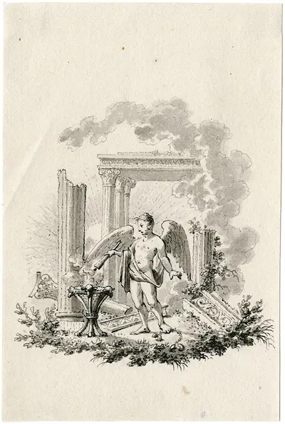 Engel met fakkel voor een Ruïneuze 'Tempel der Vrijheid' by Рейньер Винкелес — digital art print download