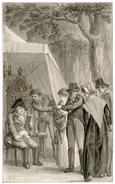 Gezelschap bekijkt oude heer bij tent: 'Hij vond…' by Рейньер Винкелес — digital art print download