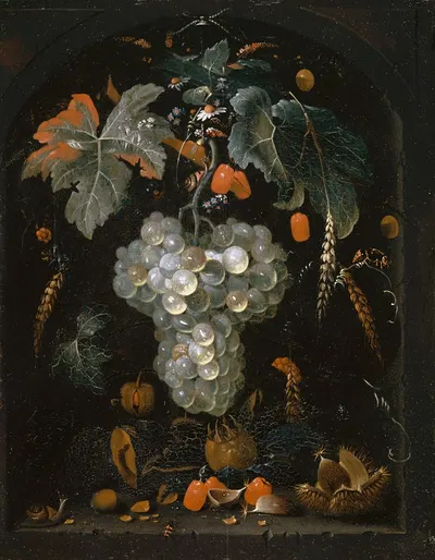 Still-Life With Grapes And Fruits In A Niche by Abraham Mignon — digital art print download