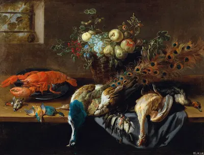 A Peacock, Fruit, Boiled Lobster And A Prey Of Birds by Адриан ван Утрехт — digital art print download