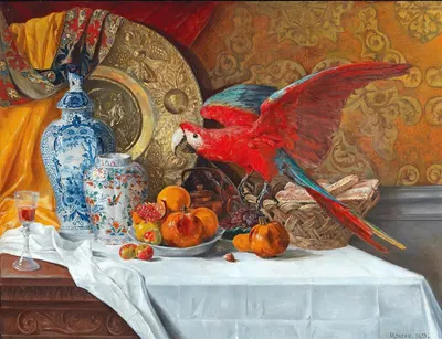 Großes Stillleben Mit Papagei by Адриен Моро, 1872 — digital art print download