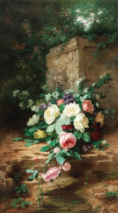 Flowers By An Ancient Fountain by Alexandre Gamba de Preydour — digital art print download