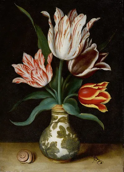 Still Life Of Four Tulips In A Wan-Li Porcelain Vase by Ambrosius Bosschaert the Elder — digital art print download