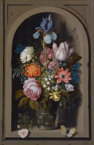 A Still Life Of Flowers In A Glass Beaker Set In A Marble Niche by Ambrosius Bosschaert the Elder — digital art print…