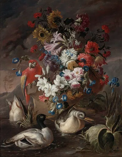 Floral Still Life With A Parrot And Ducks by Andrea Belvedere — digital art print download