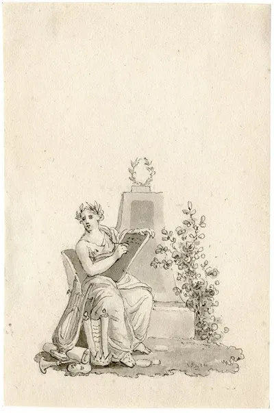 Titelblad: gelauwerde, schrijvende vrouw, met attributen by Рейньер Винкелес — digital art print download