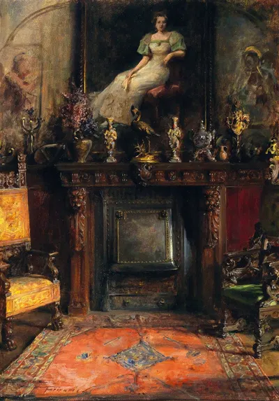 Interior With View Of A Fireplace And A Painting by Артур фон Феррарис — digital art print download