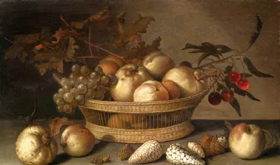 A Basket With Cherries, Apples, Peaches And A Bunch Of Grapes, Surrounded By Apples, Peaches, Shells, Bees And A Dragonfly…