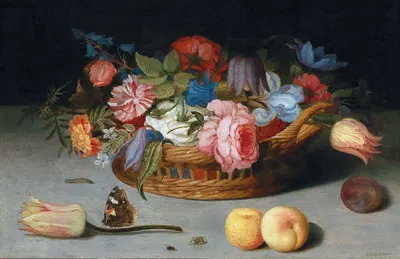 Roses, Tulips, Irises And Other Flowers In A Wicker Basket, With Fruit And Insects On A Ledge by Balthasar van der Ast —…