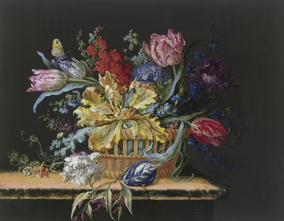 Blumenkorb Mit Tulpen, Levkojen, Rittersporn Und Anderen Blumen Auf Einem Tisch by Barbara Regina Dietzsch — digital art…