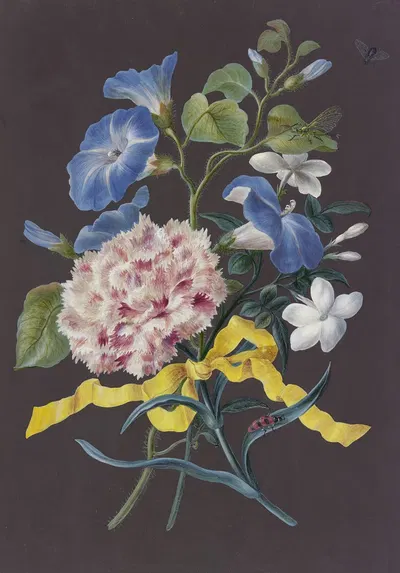 Blumengebinde Mit Rosa Nelke (Dianthus), Blauer Winde (Convolvulus) Und Weißem Jasmin (Jasminum), Mit Rotschwarz Getreiftem…
