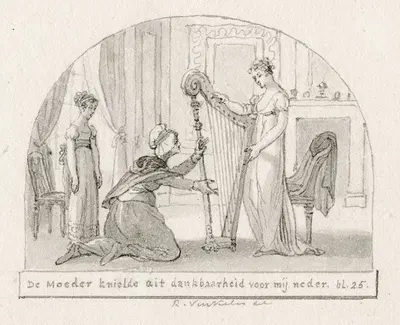 Titelblad: oudere vrouw knielt bij jonge vrouw met harp by Рейньер Винкелес — digital art print download