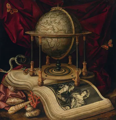 Vanitas Still Life With A Terrestrial Globe, A Book, Shells, A Snake And Butterflies by Carstian Luyckx — digital art print…