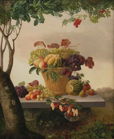 A Basket Of Fruit In A Landscape by Christine Løvmand, 1832 — digital art print download
